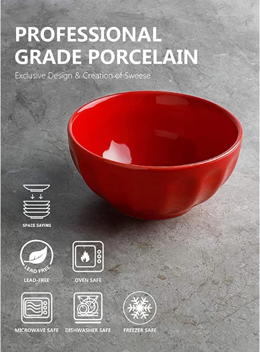 Top 10 π₯° Sweese Red Porcelain Fluted Bowls, Set of 4 π 4 Top 10 π₯° Sweese Red Porcelain Fluted Bowls, Set of 4 π - Image 2